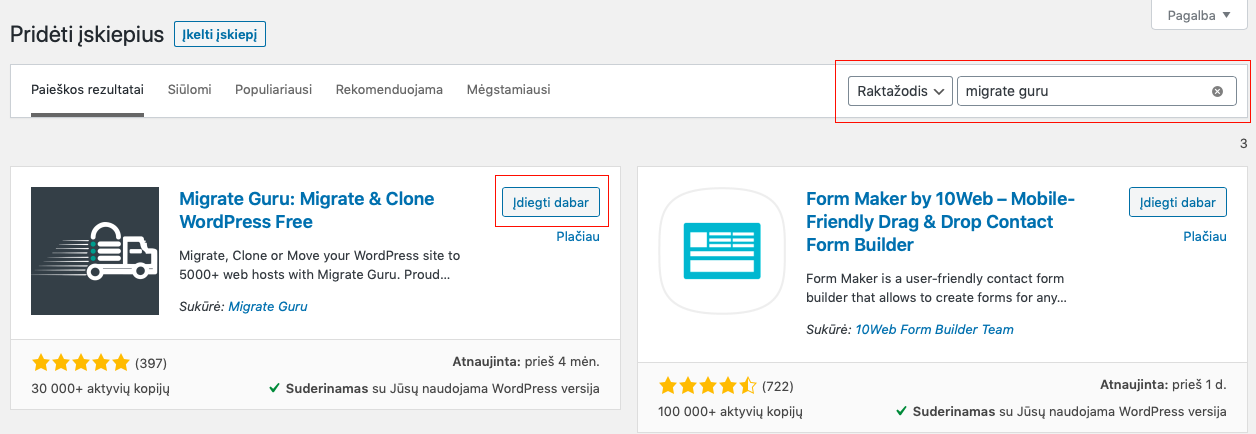 Migrate guru įdiegimas
